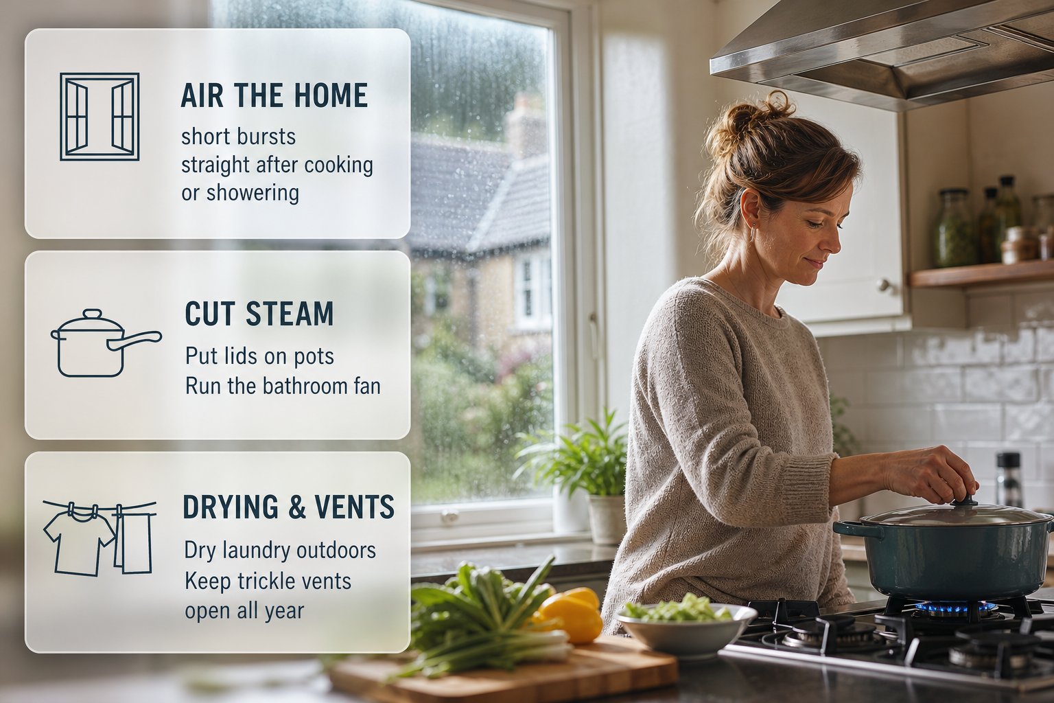 Infographic showing quick practical steps to reduce window condensation in an Irish home.