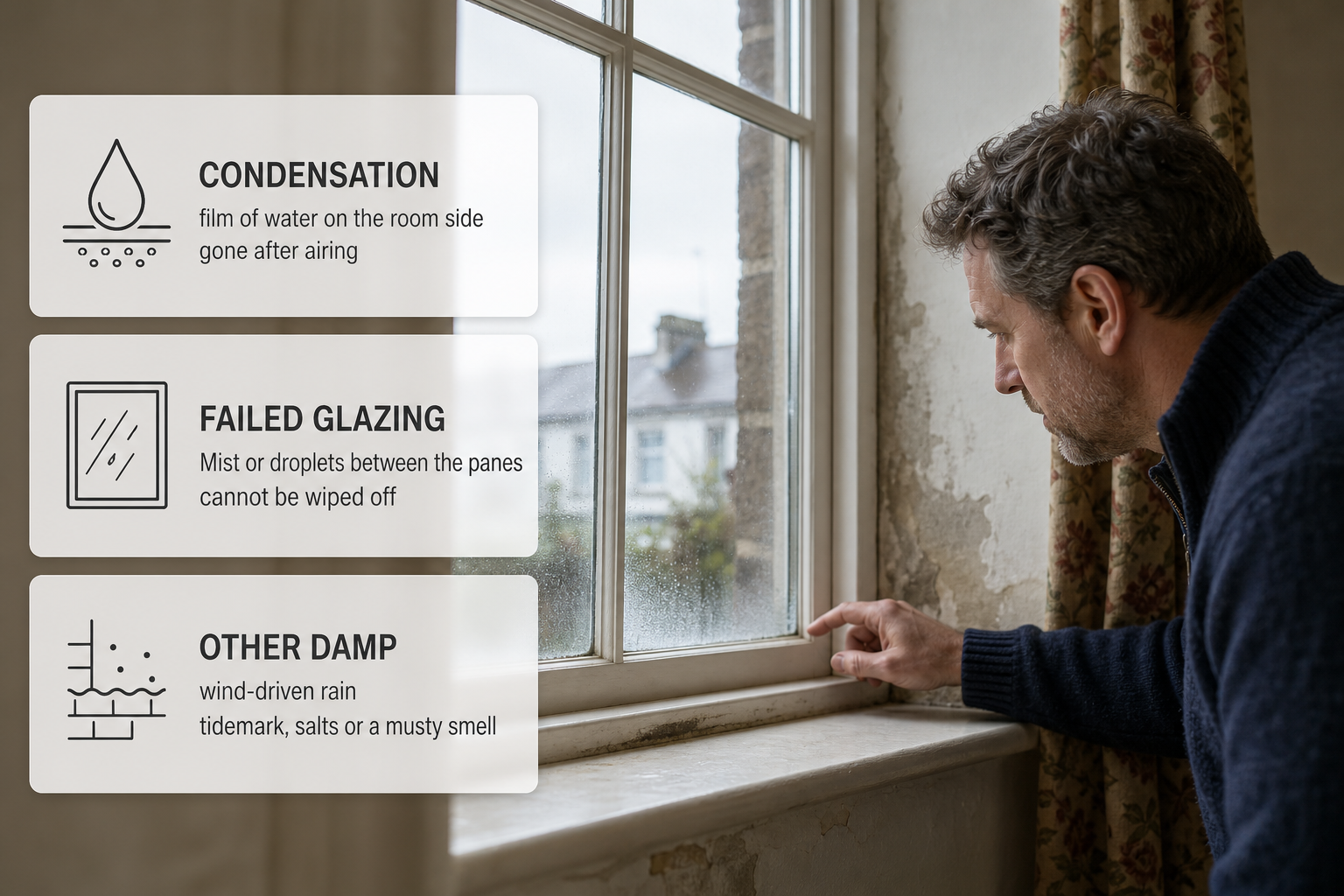 Infographic comparing condensation with leaks, failed glazing and rising damp around windows in an Irish home.