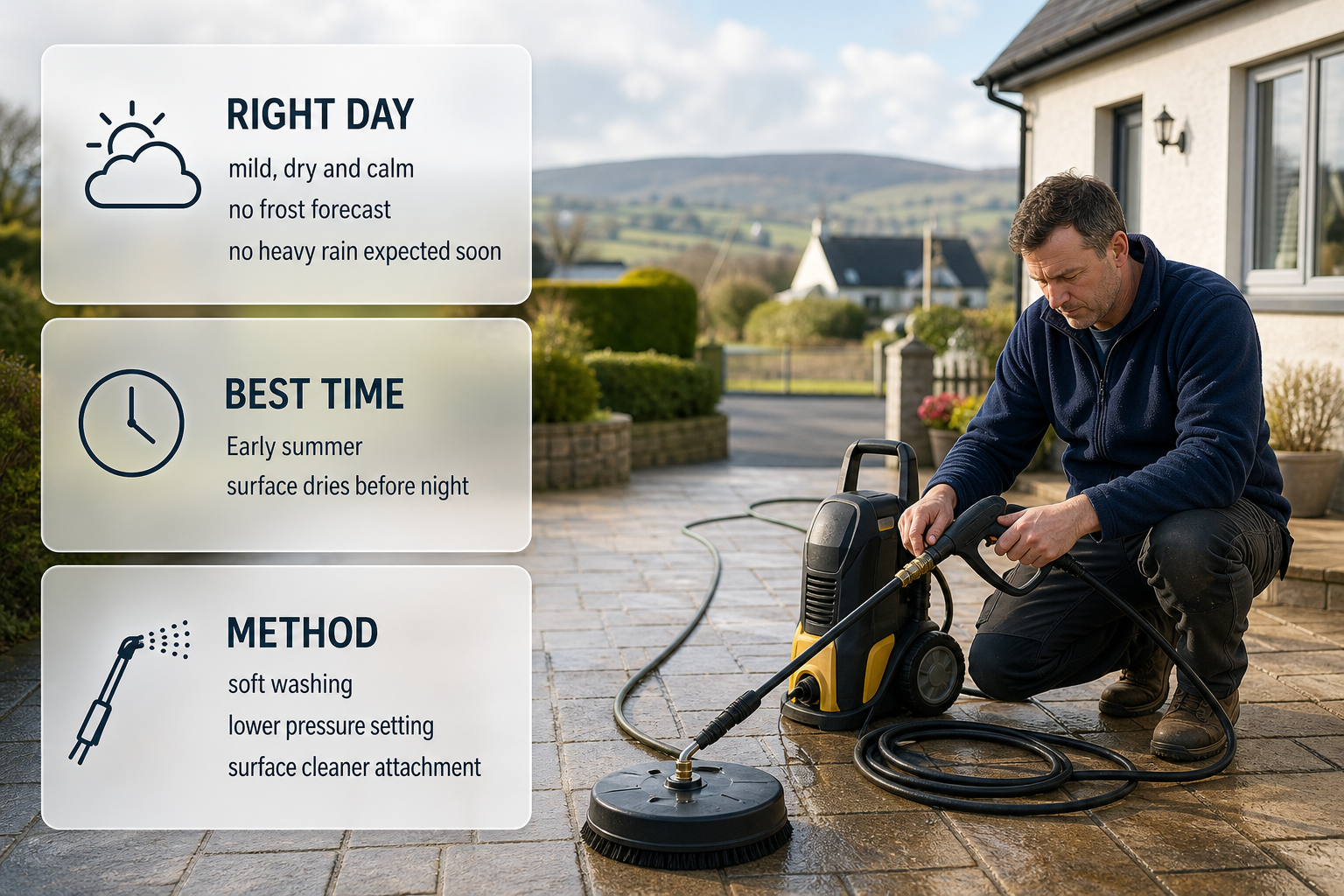 Infographic showing the best weather conditions and method choices for pressure washing in an Irish garden setting.