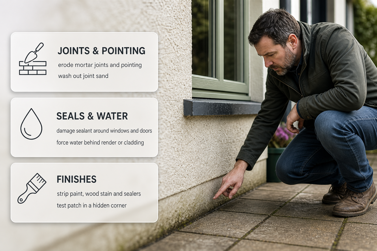 Infographic showing common pressure washing damage risks on exterior surfaces at an Irish home.