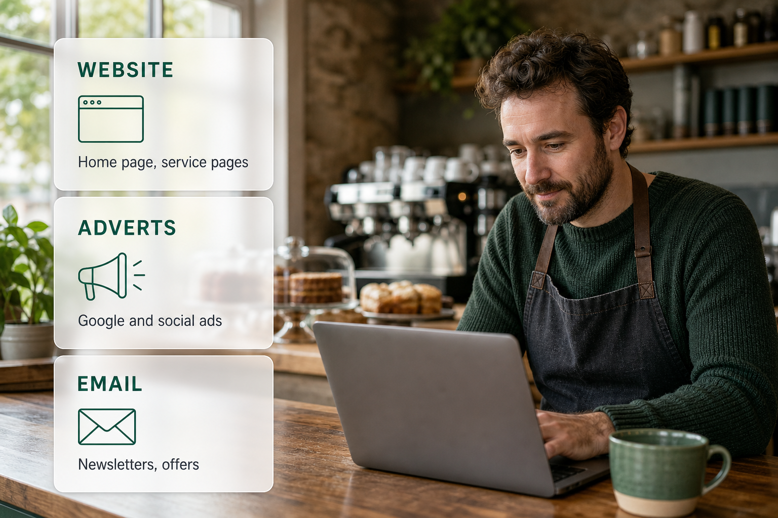 A café owner at a laptop with cards showing website, advert and email copy.