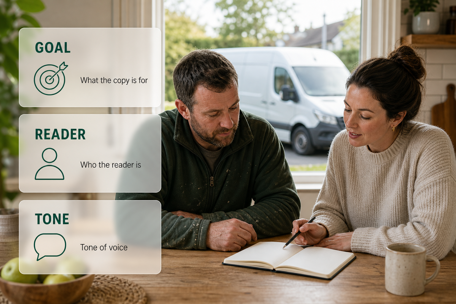 A tradesperson briefing a copywriter, with cards for goal, reader and tone of voice.