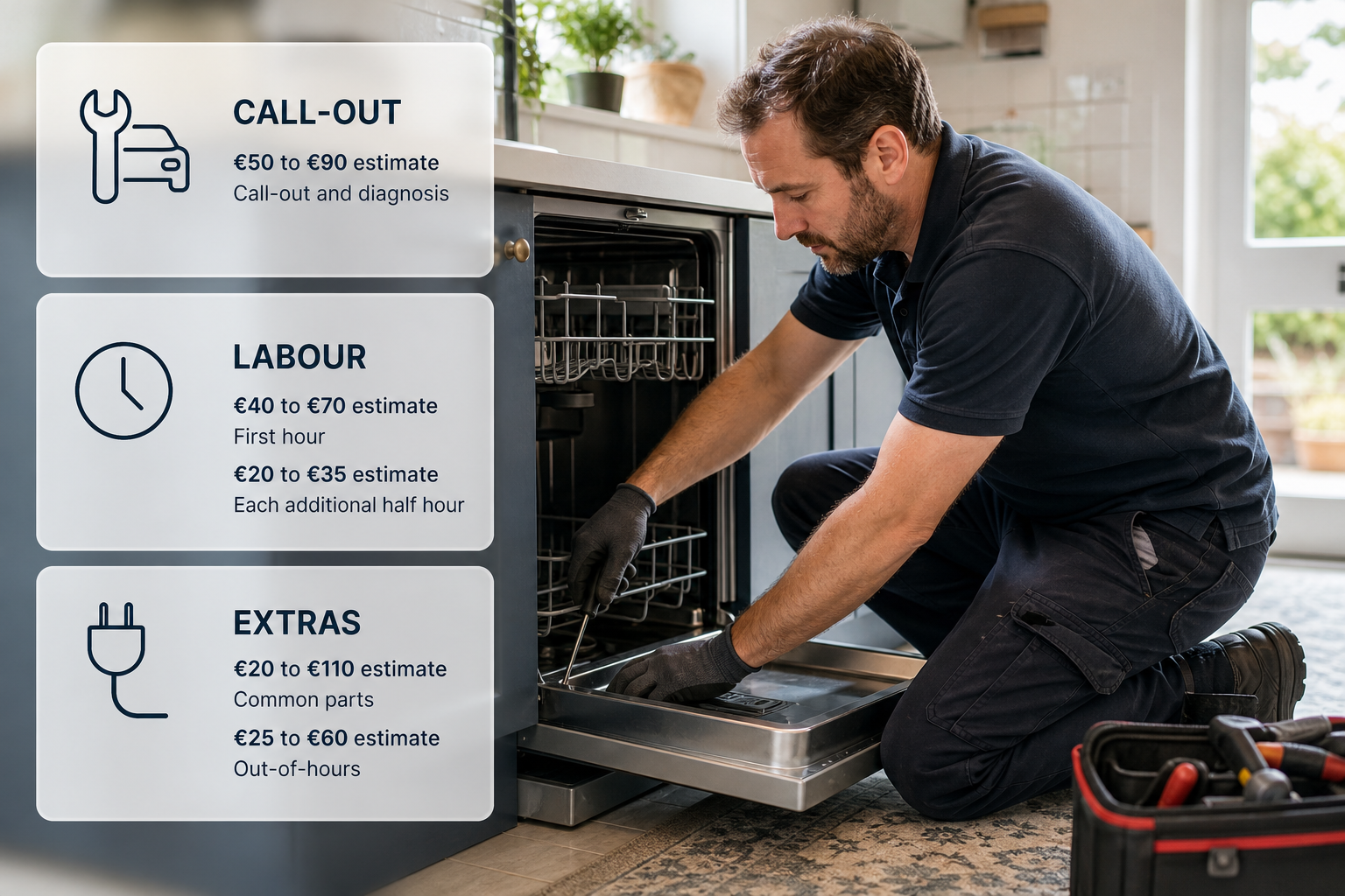 A repairer works on a dishwasher in an Irish kitchen with frosted cards explaining what the call-out fee includes and the typical line-item ranges.