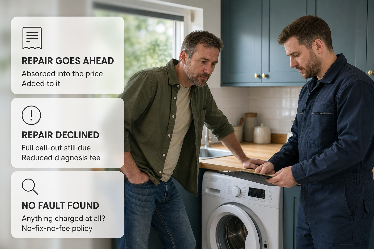 A homeowner and repairer discuss an appliance quote in an Irish kitchen while frosted cards show the main possible billing outcomes.
