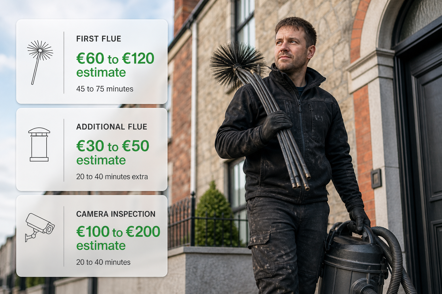 Infographic over a photo of a chimney sweep at an Irish house showing typical chimney sweeping prices and times in Ireland.
