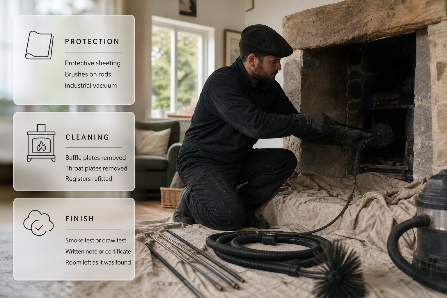 Infographic over a photo of a chimney sweep protecting a fireplace in an Irish living room, showing what a standard chimney sweep includes.