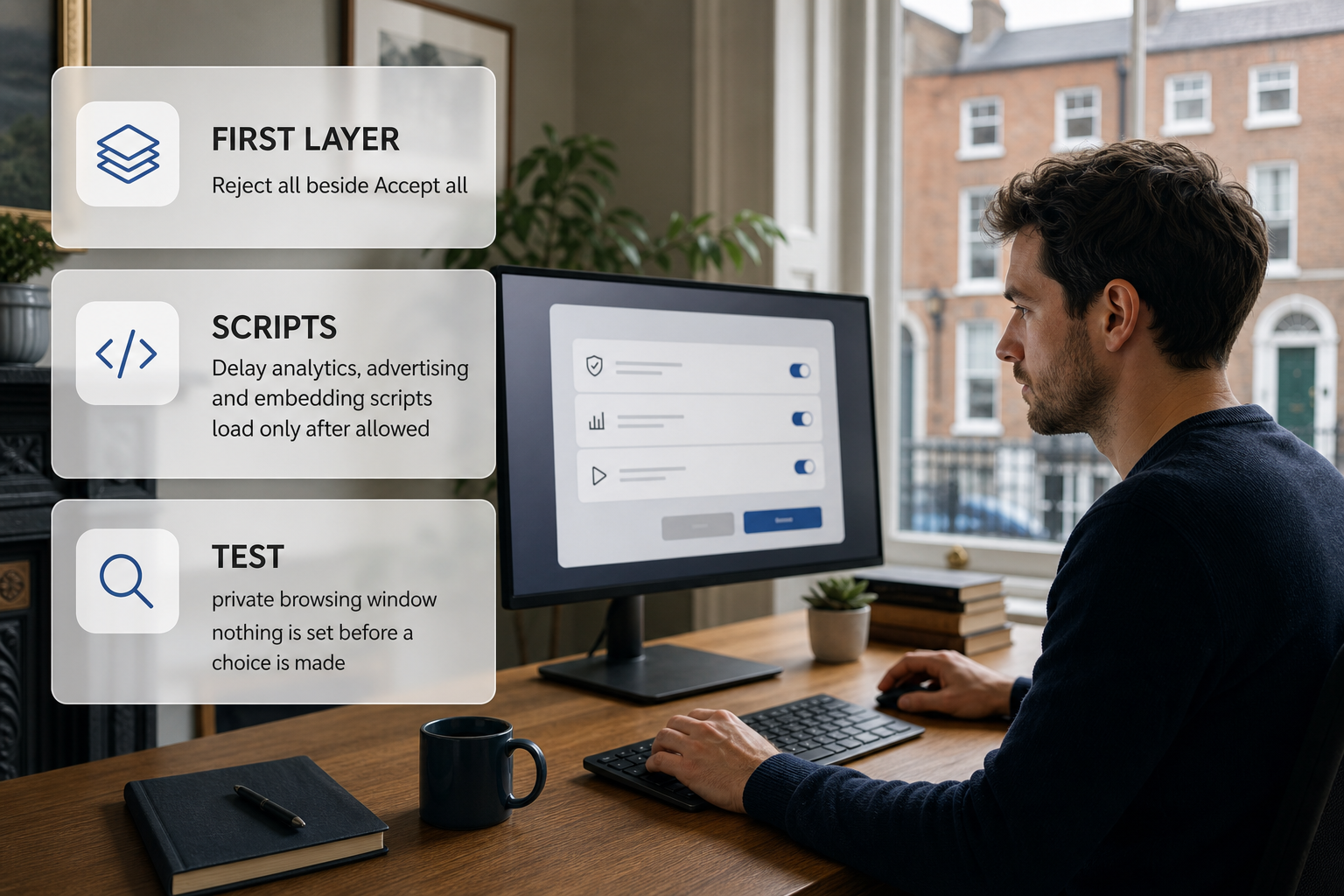 Infographic checklist for fixing a non-compliant cookie banner on an Irish website.