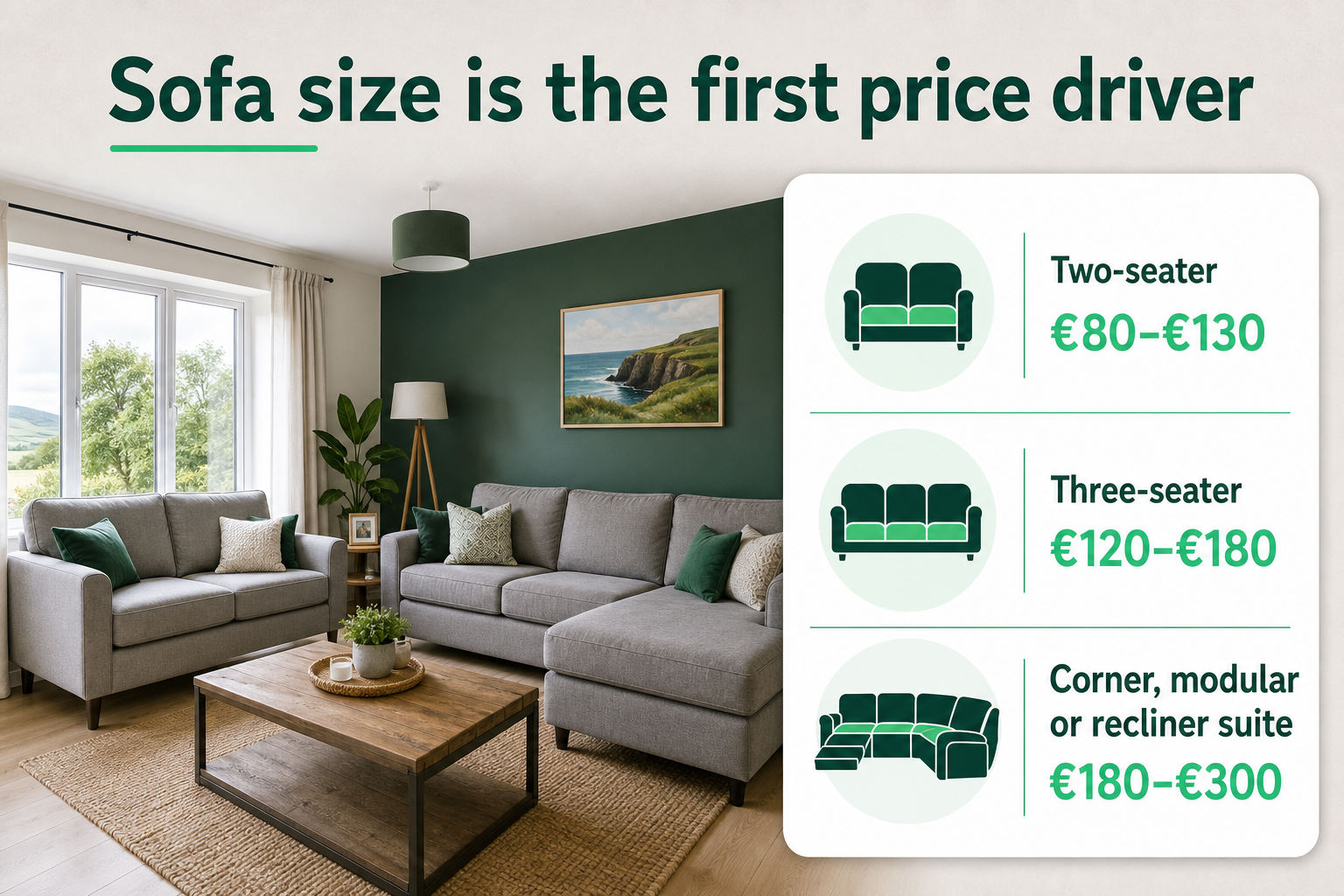 Infographic about how sofa size affects cleaning price, with an Irish home photo and a simple comparison card.