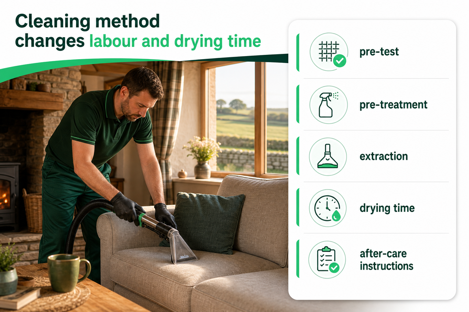 Infographic explaining cleaning methods, labour and drying time with a real Irish sofa-cleaning scene and a simple icon card.