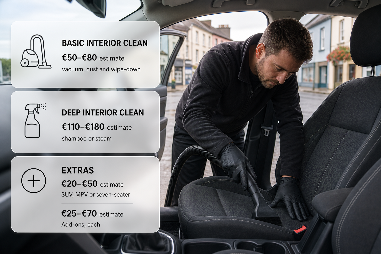 Infographic showing interior car cleaning price ranges over a photo of a car being cleaned in an Irish setting.