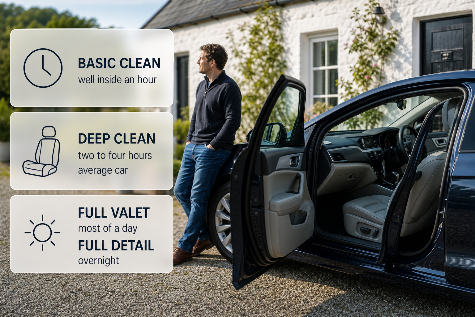 Infographic showing how long different levels of interior car cleaning take, over a photo of a car interior being detailed in Ireland.