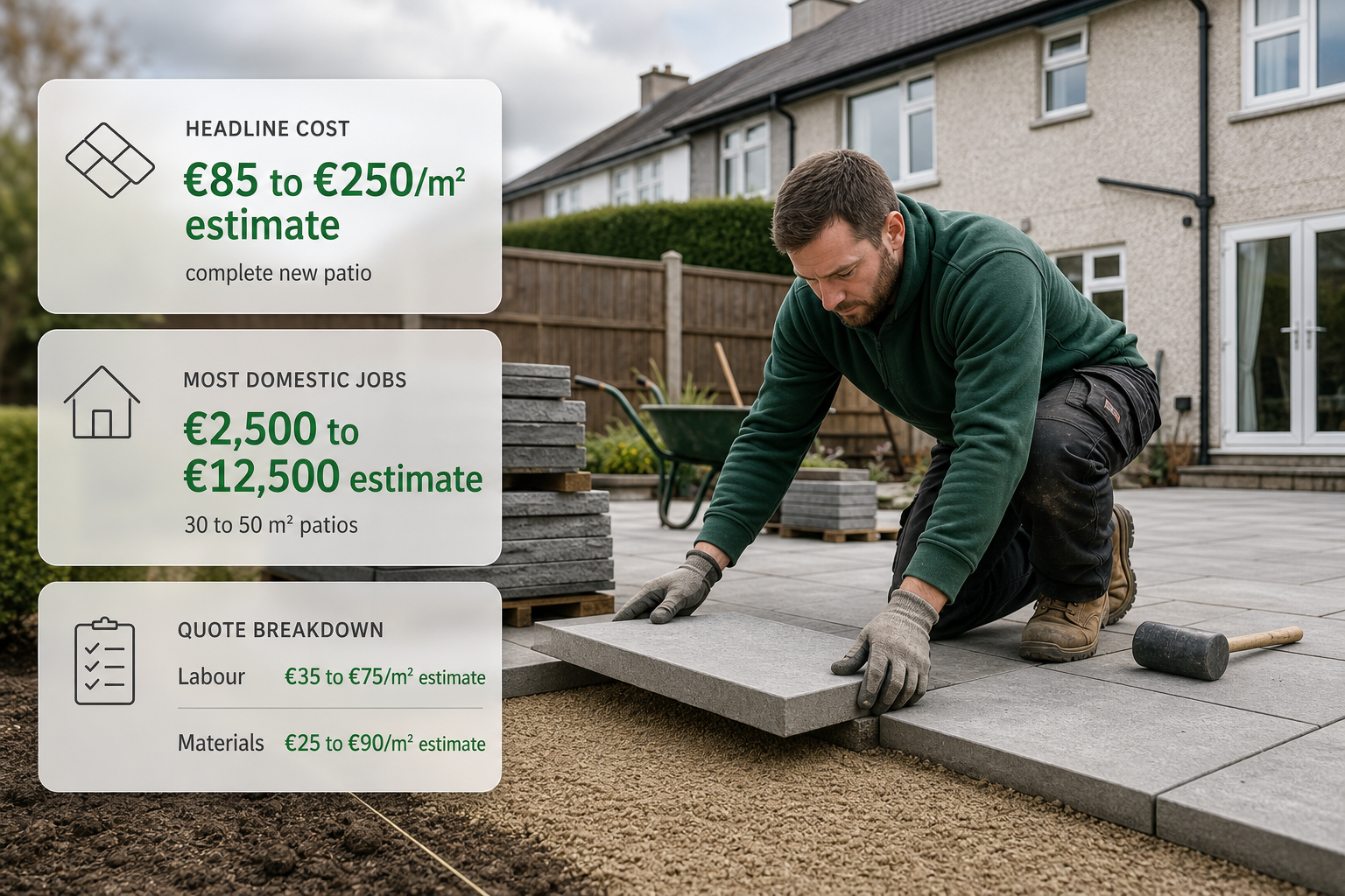 Infographic showing patio cost ranges over a photo of patio work at an Irish home.
