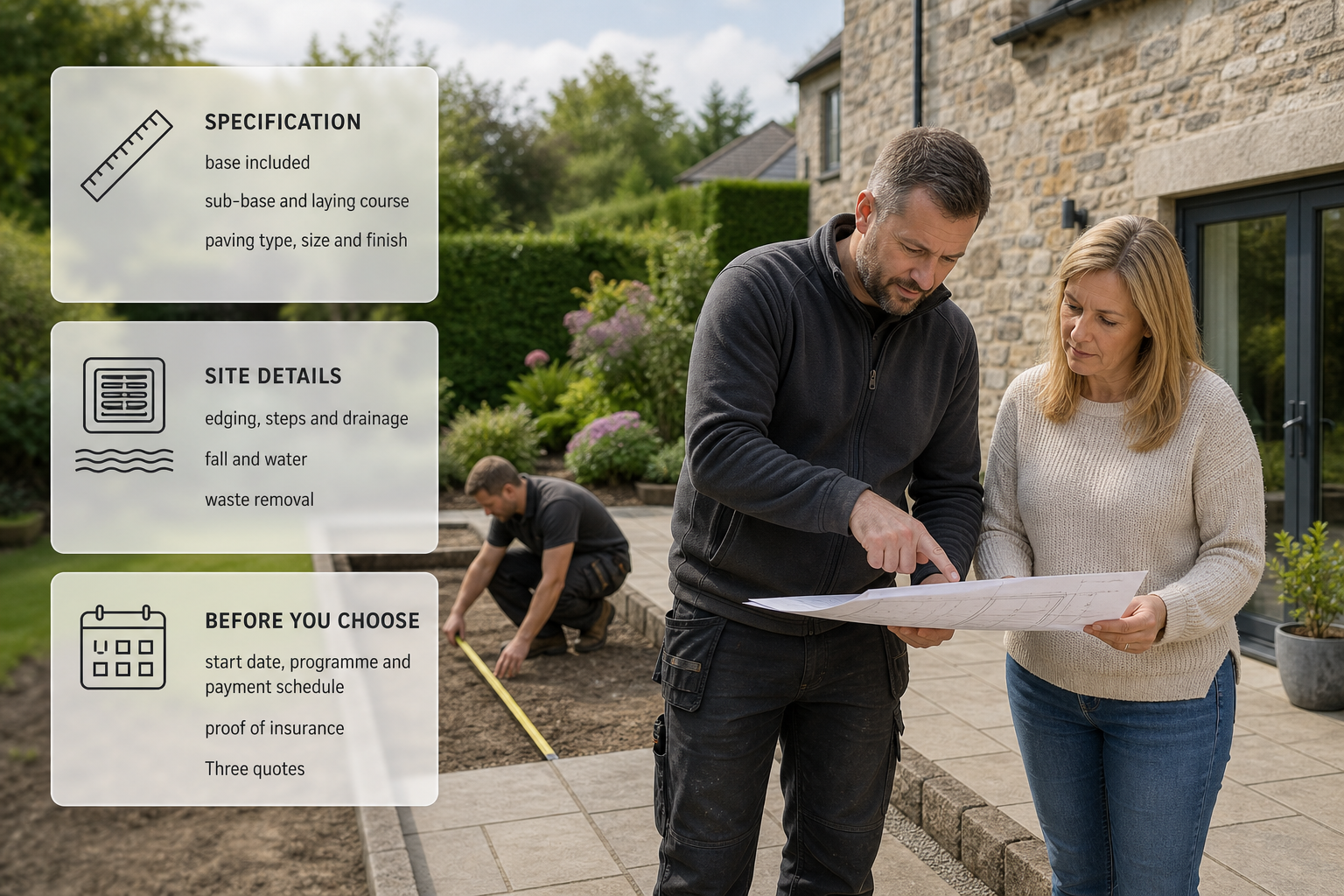 Infographic showing the key checks for comparing patio quotes over a photo of an Irish patio site survey.