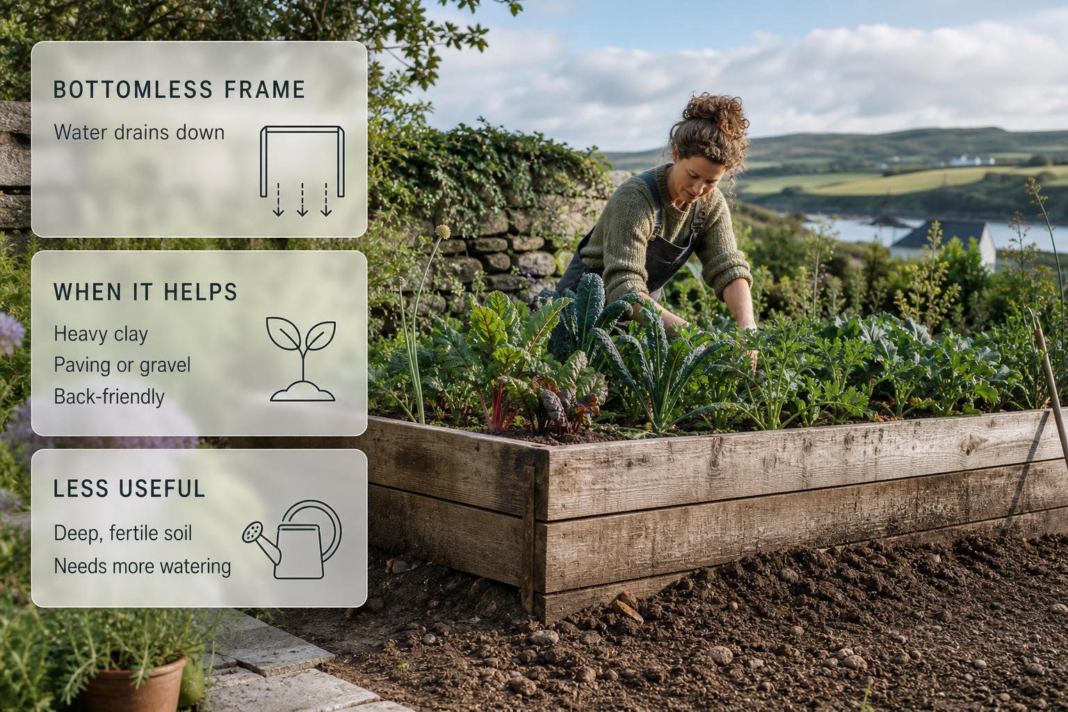 An infographic about what a raised bed is and when it helps, with a gardener in an Irish garden and floating cards explaining the key points.