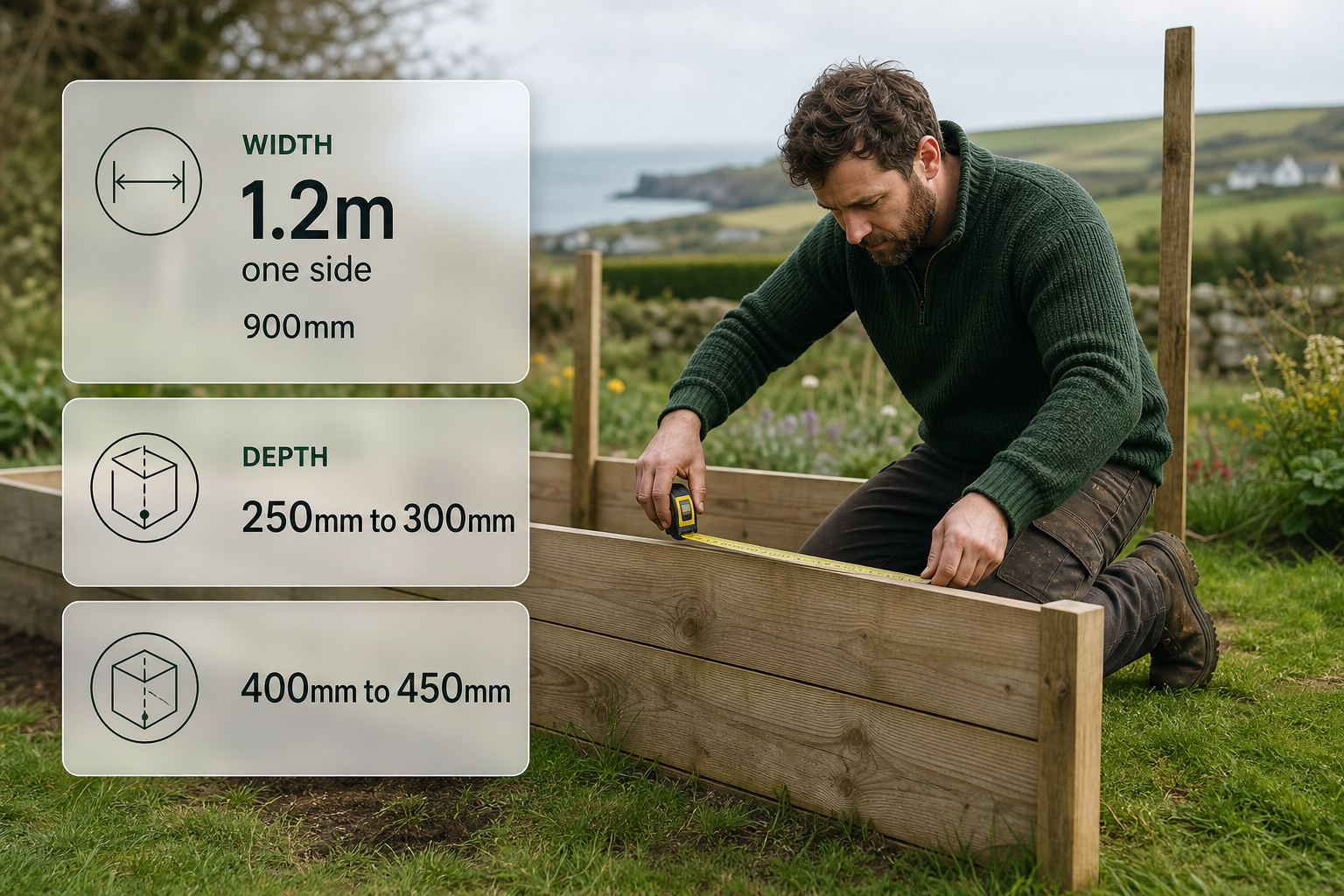 An infographic about the right dimensions for a raised bed, showing a gardener measuring timber in an Irish garden with clear explanatory cards.