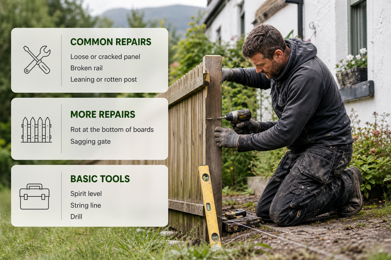A tradesperson repairs a timber fence in an Irish garden while frosted cards summarise the main repair types and tools involved.