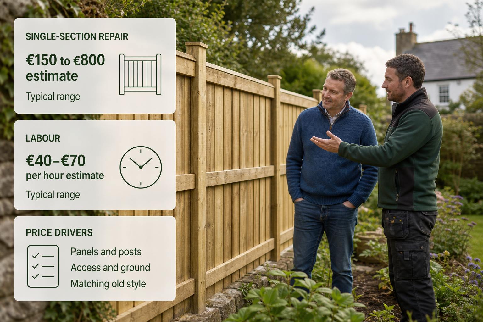 A repaired fence line in an Irish garden is shown with frosted cards summarising typical repair cost estimates and price drivers.