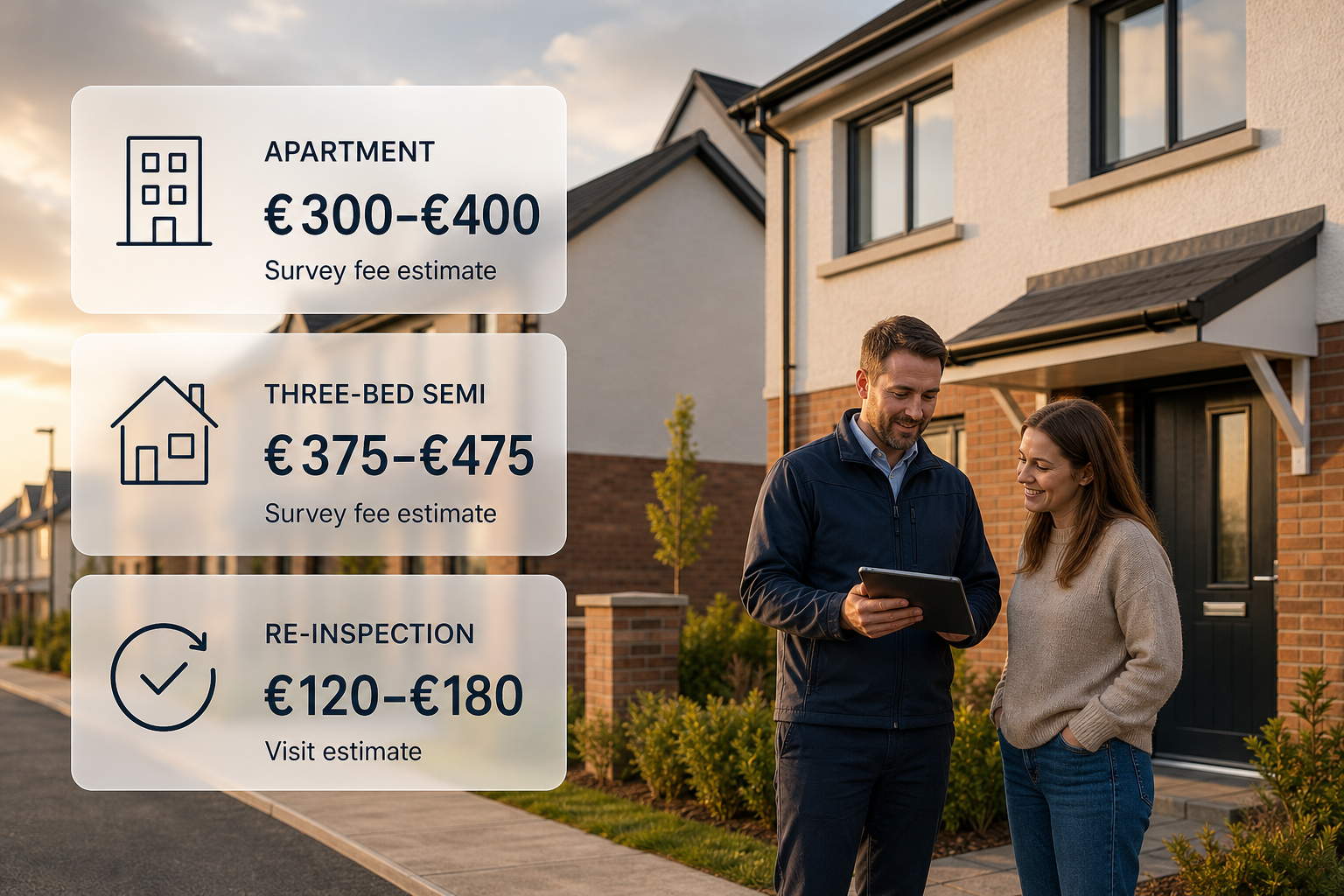 Infographic showing snagging survey cost ranges by property type for new Irish homes.