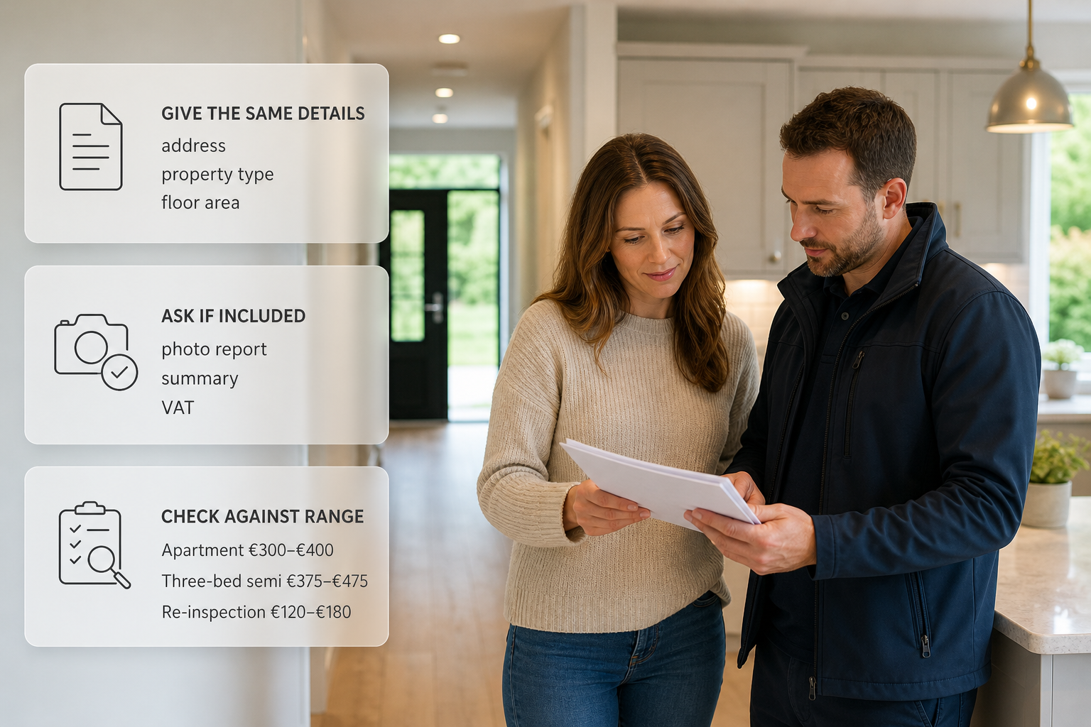 Infographic showing what to compare in snagging survey quotes for an Irish home.