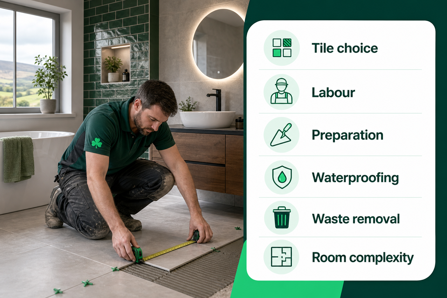 An infographic showing the main factors that change bathroom tiling costs beside a real Irish bathroom scene.