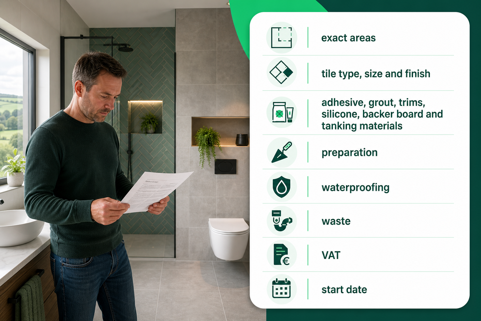 An infographic showing what a bathroom tiling quote should include beside a real Irish bathroom scene.