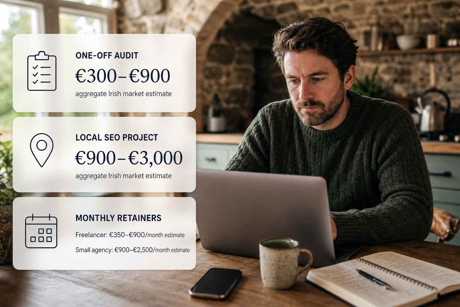 Infographic showing SEO pricing models over a photo of a small Irish business owner planning website work.