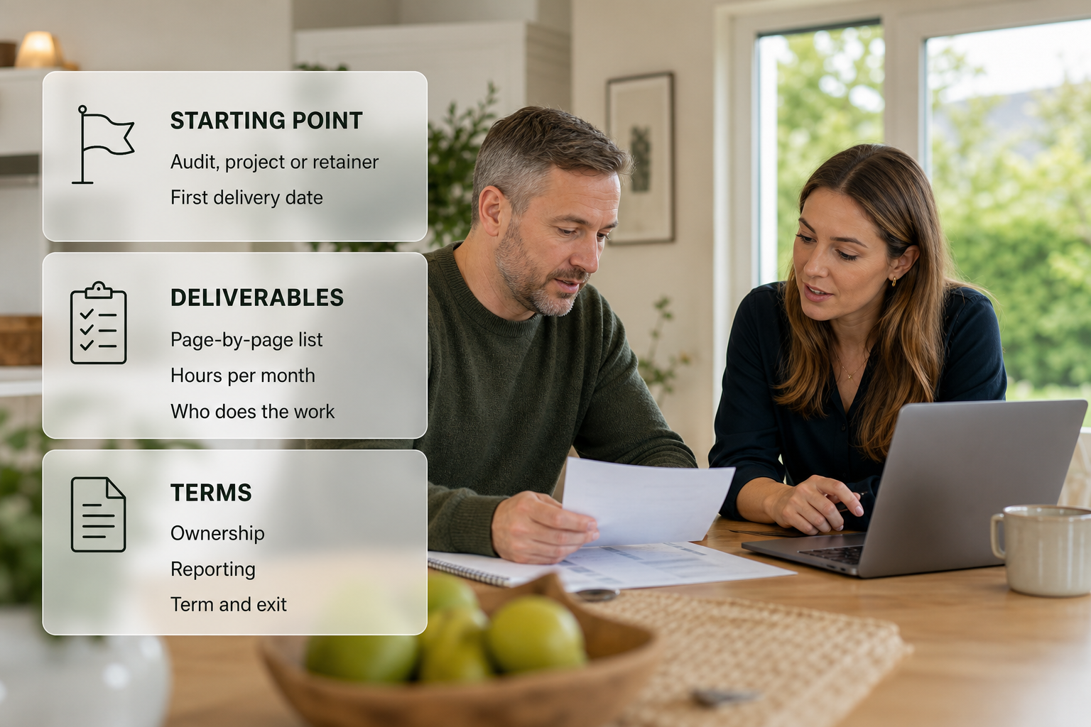 Infographic showing the main items an SEO quote should include, over a photo of an Irish homeowner reviewing documents.