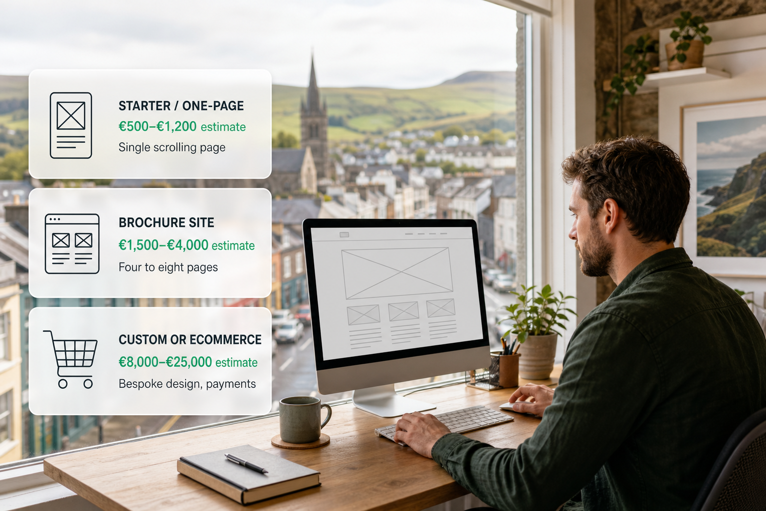 Infographic over an Irish web designer workspace showing the price bands for different website types.