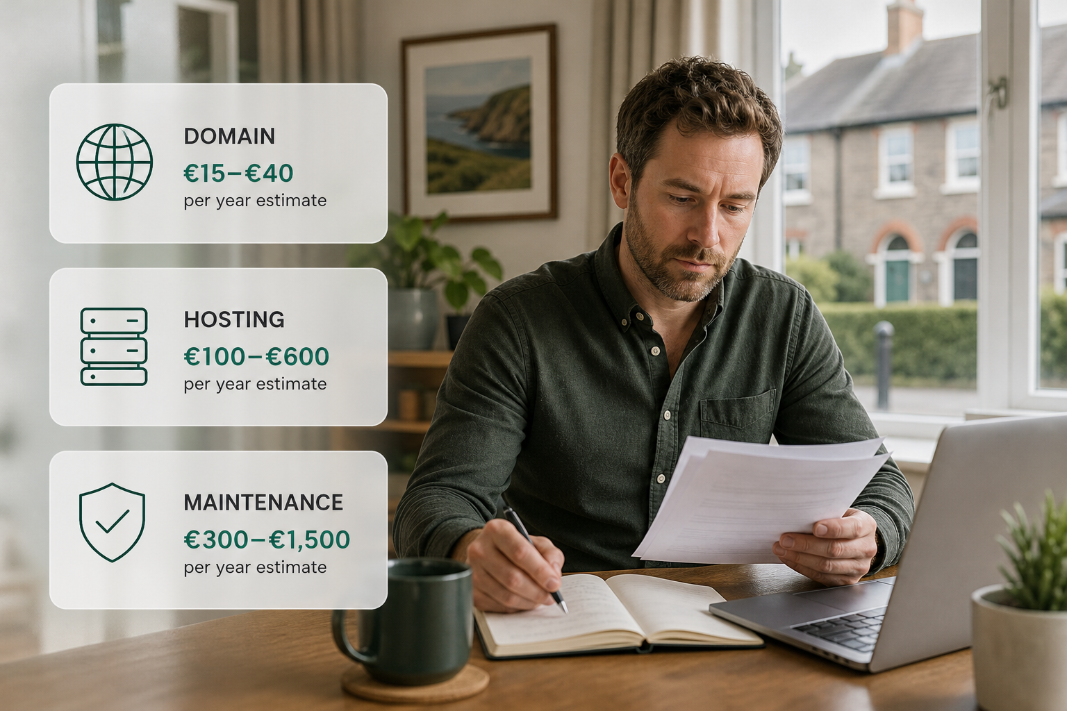 Infographic over an Irish home-office scene explaining one-off and recurring website costs.