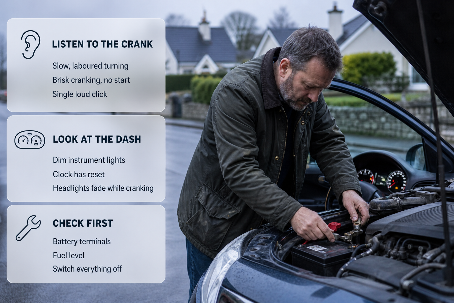 A homeowner inspecting a car battery and dashboard on a cold Irish driveway with frosted-glass cards summarising the first priority checks.