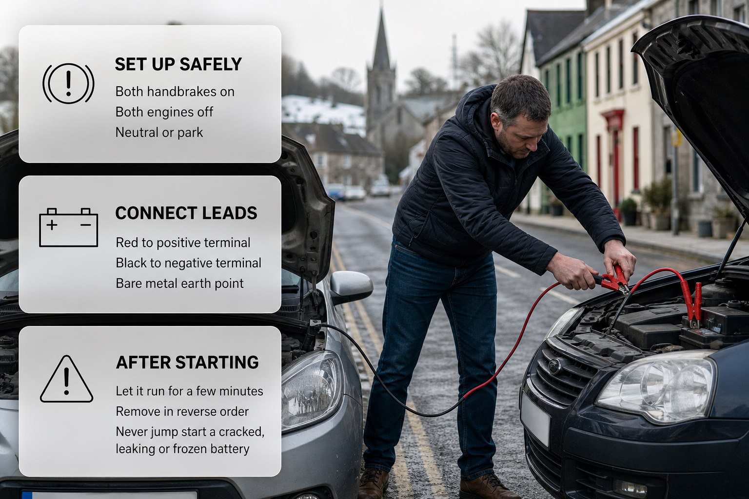 Two cars on an Irish roadside are connected with jump leads while frosted-glass cards show the safe jump-start sequence.