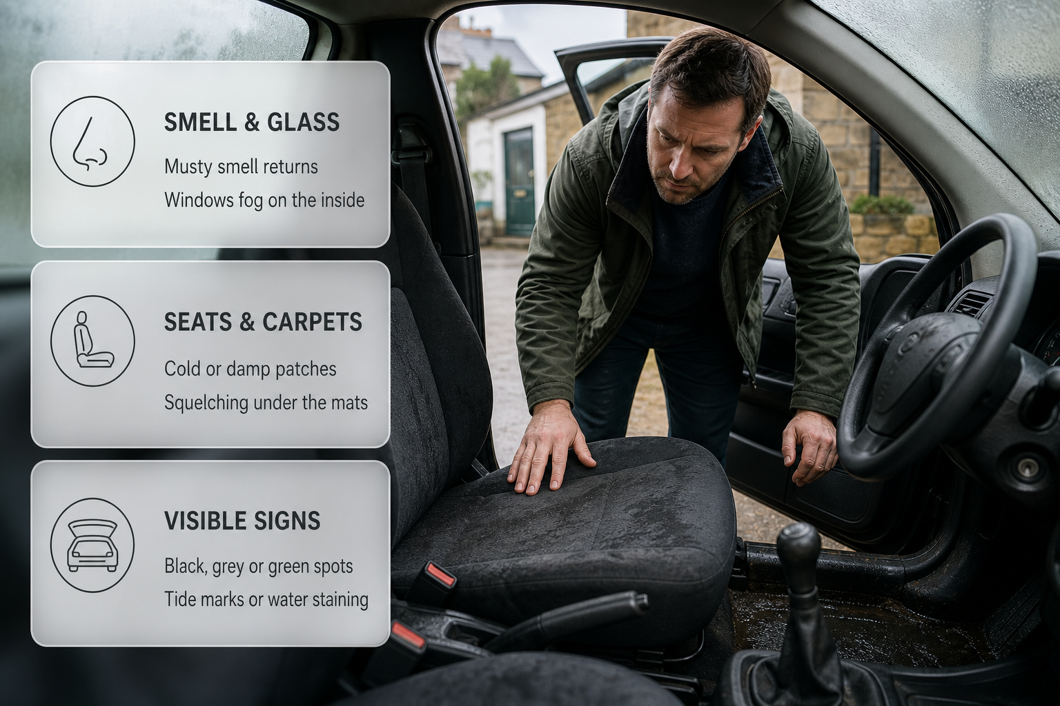 Infographic showing the warning signs that damp is already a problem in a car interior.