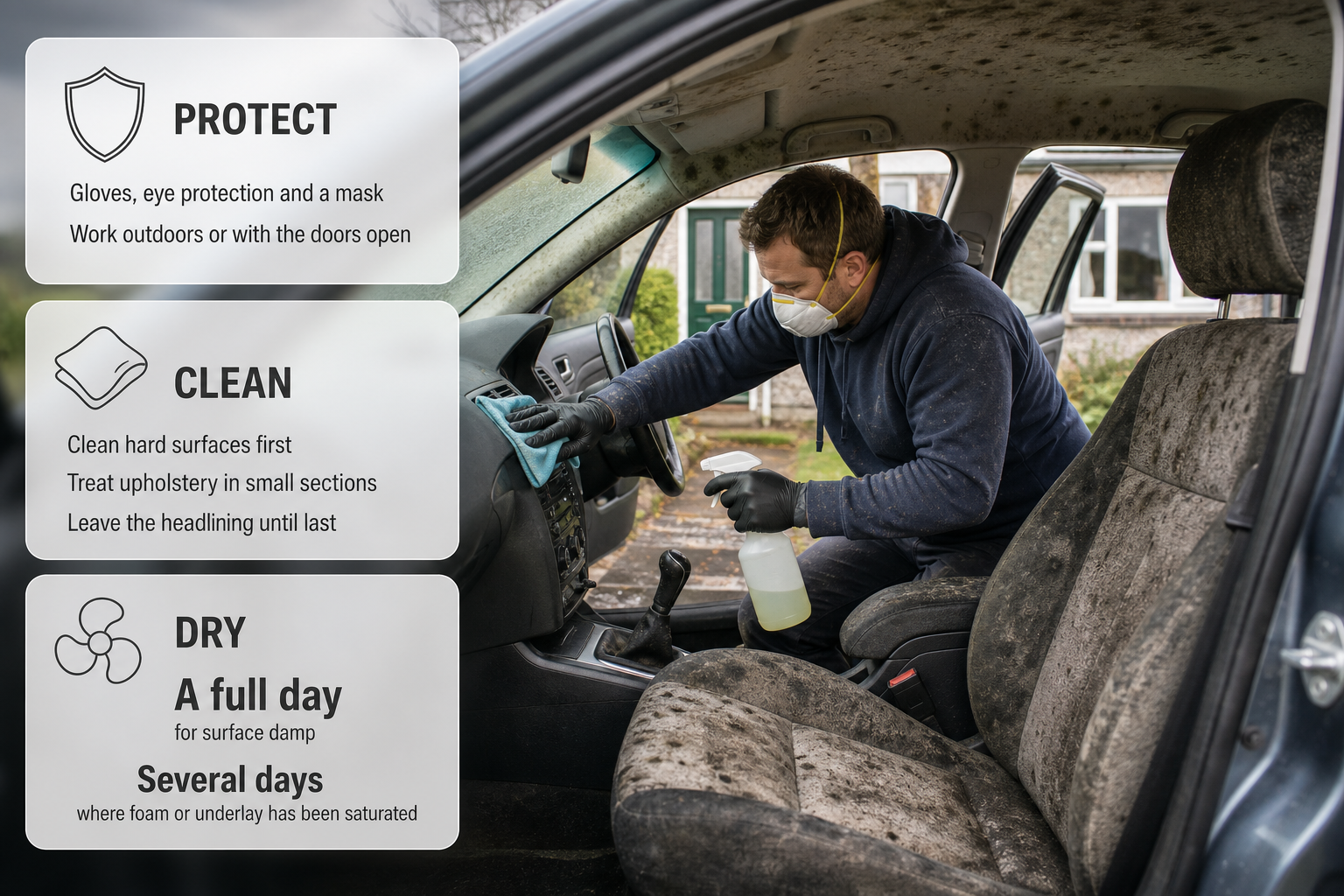 Infographic showing safe cleaning and drying steps for a mouldy car interior.