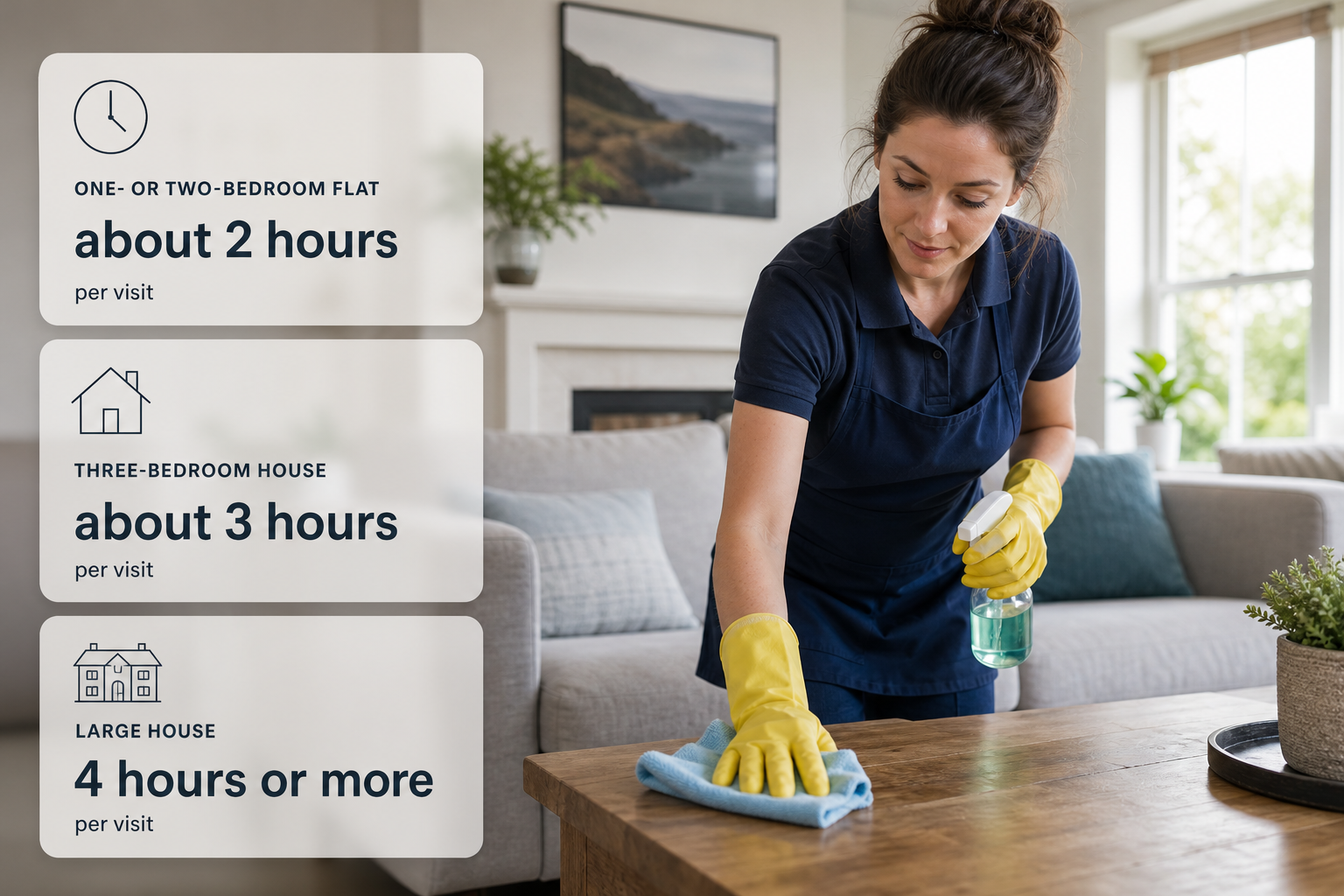 Infographic showing typical cleaning visit lengths for different home sizes in an Irish home setting.