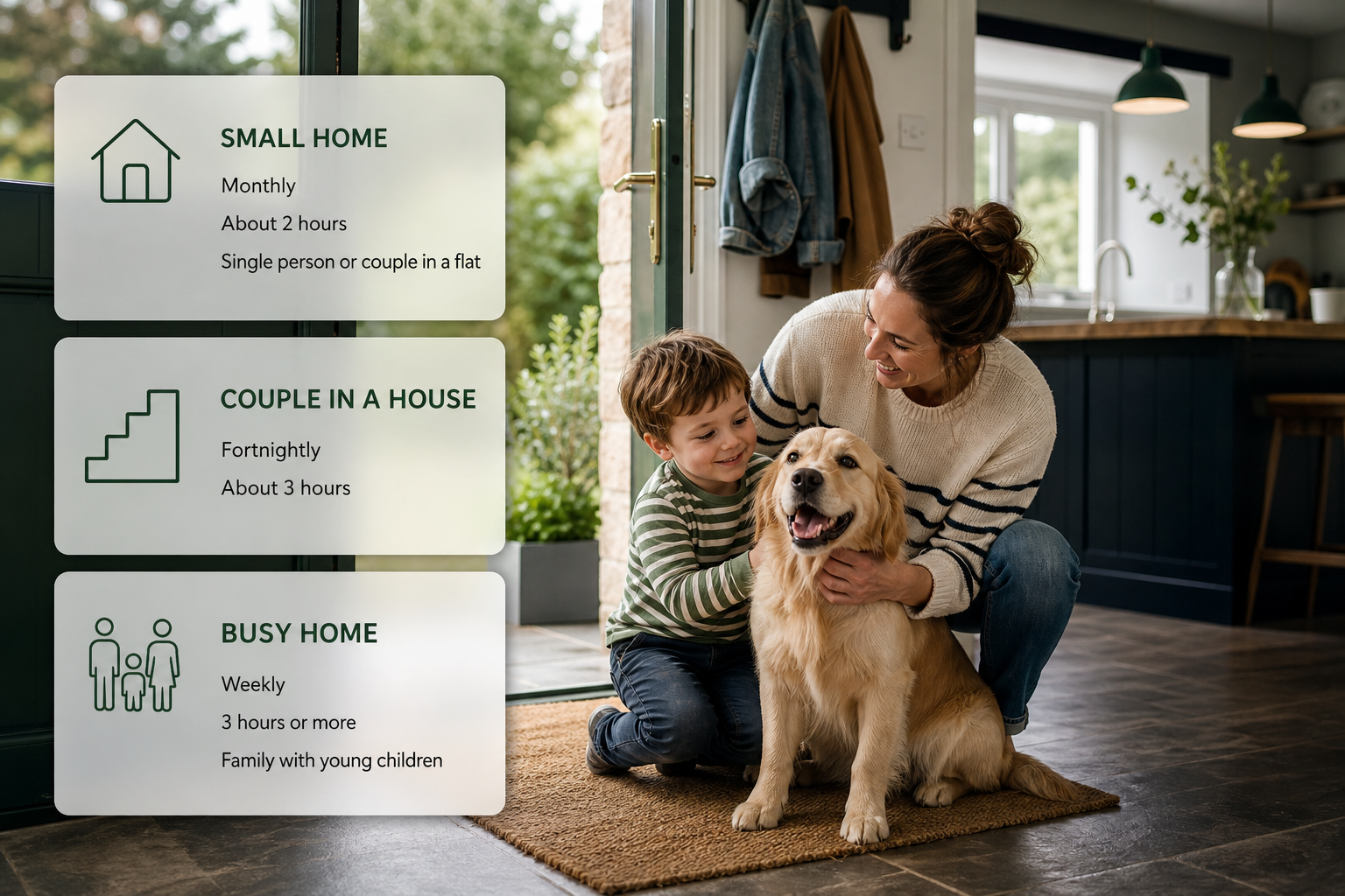 Infographic matching household types to suggested cleaning frequency in an Irish home context.