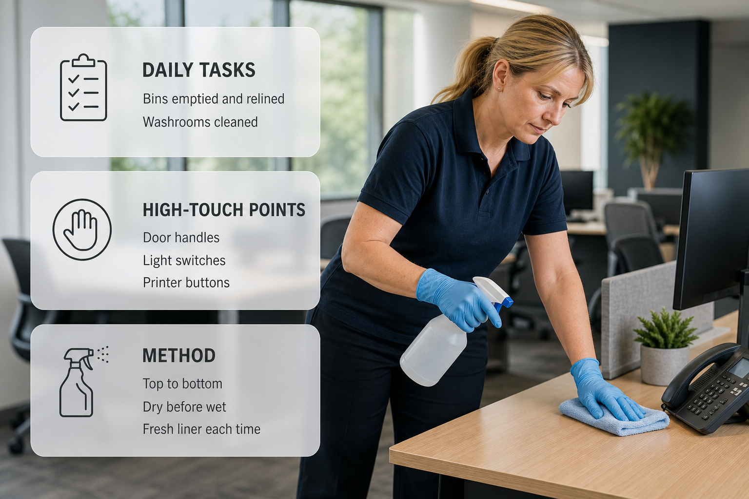 Infographic showing daily office cleaning tasks over a photo of a cleaner disinfecting desks and touchpoints in an Irish office.