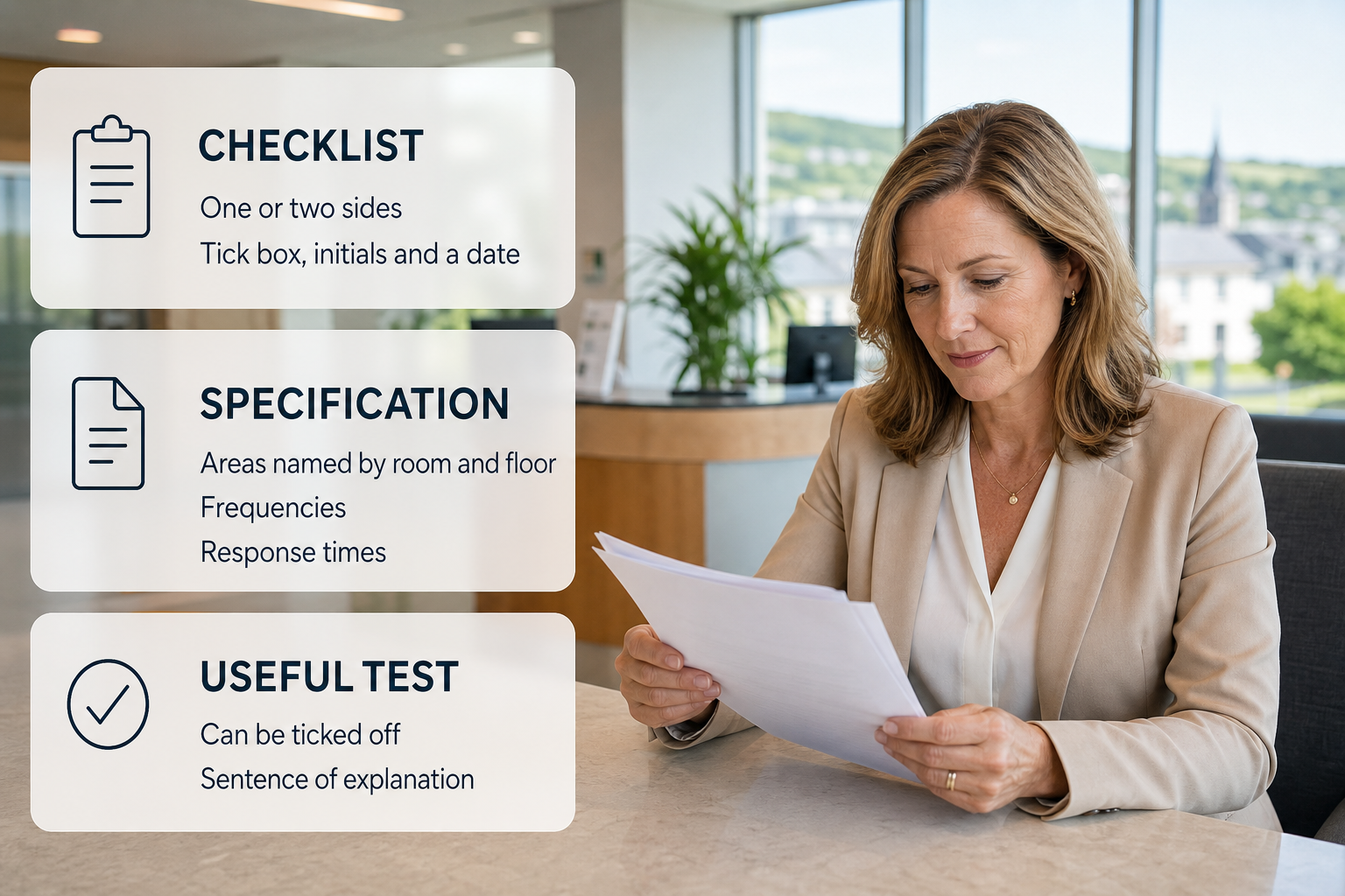 Infographic comparing a simple checklist with a cleaning specification in an Irish office management setting.