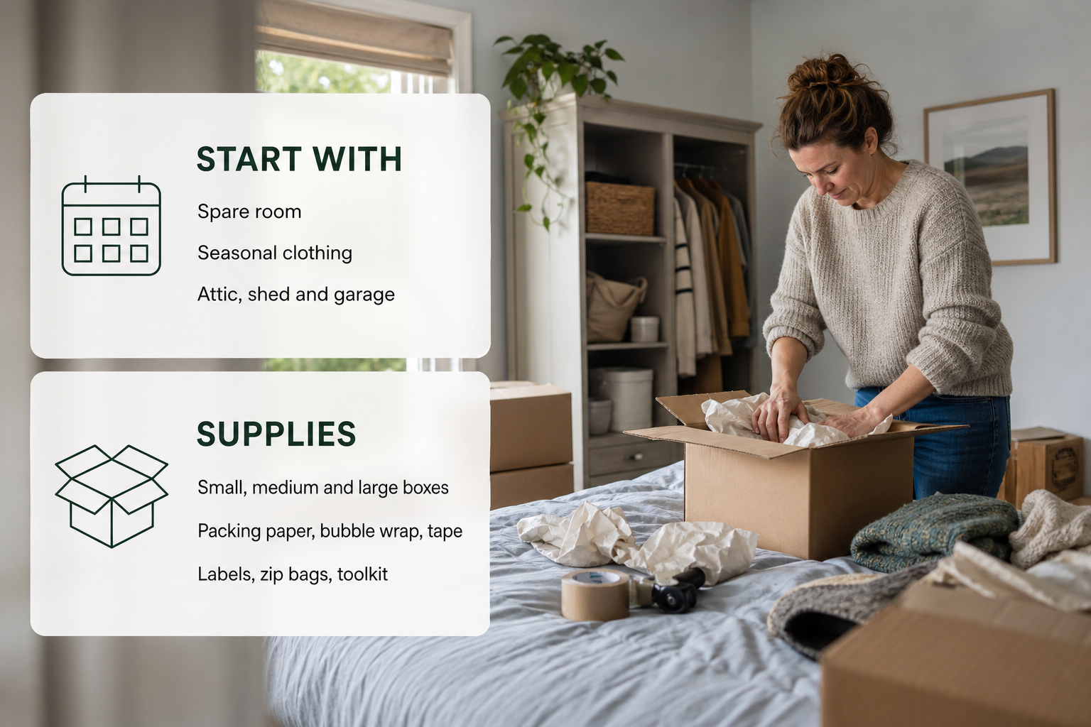 Infographic showing when packing should start and the main packing supplies in an Irish home before a move.