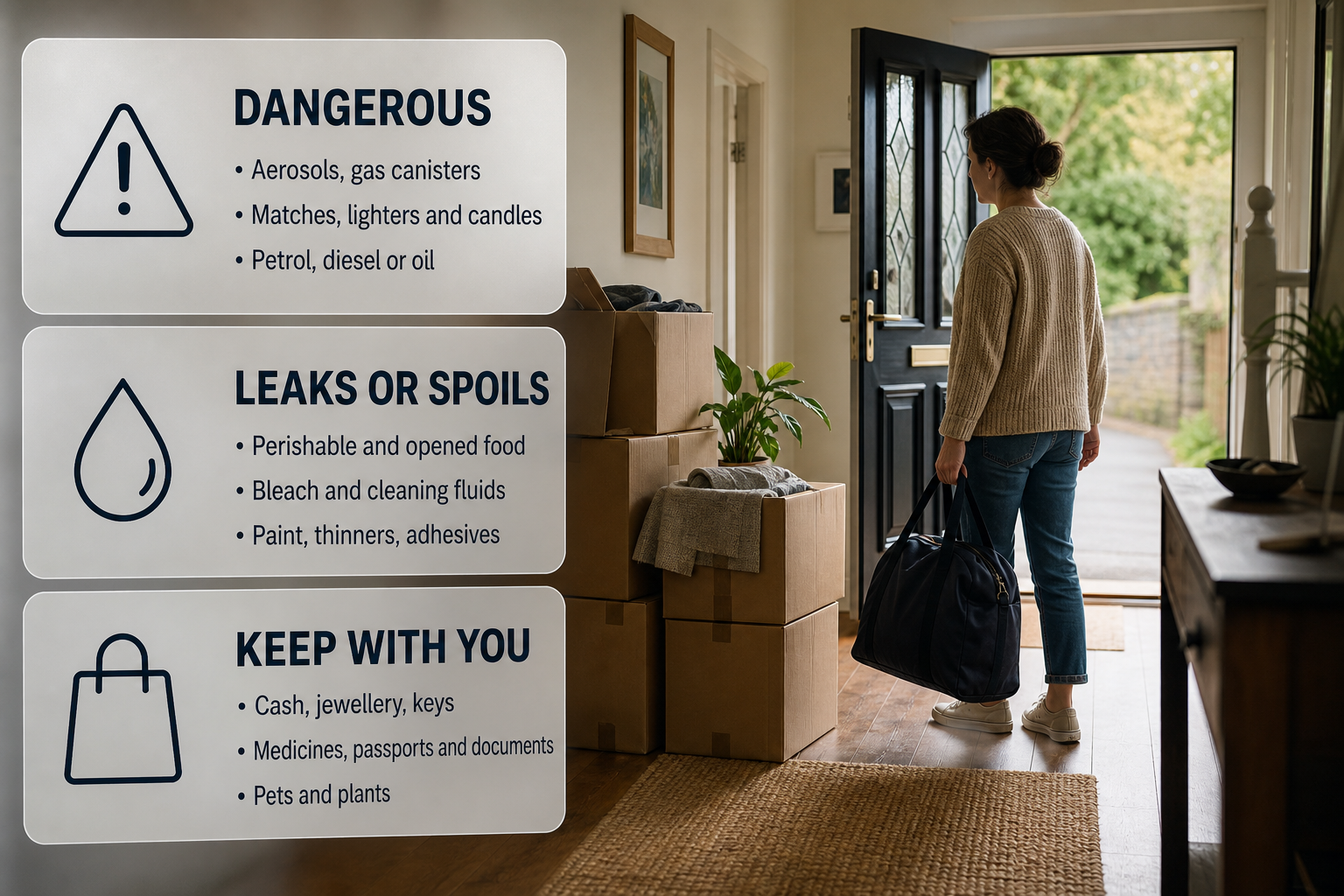 Infographic showing items that should never go in a moving box during an Irish house move.