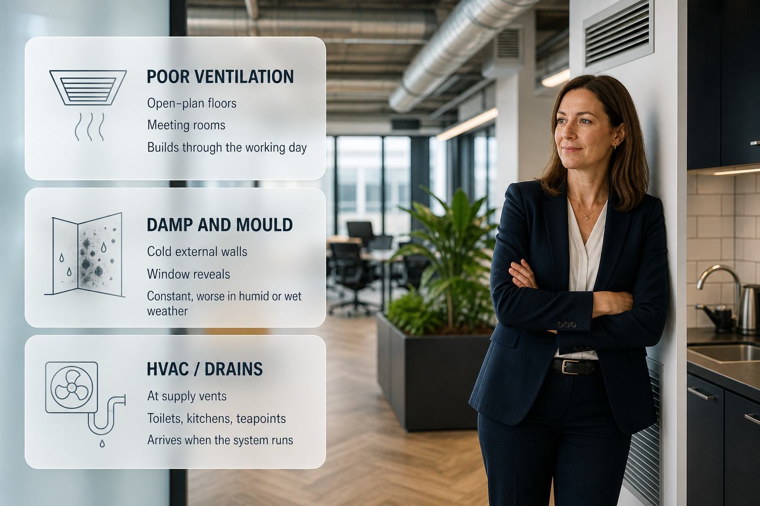 Infographic showing the four likely causes of a musty smell in an Irish office and how each behaves.