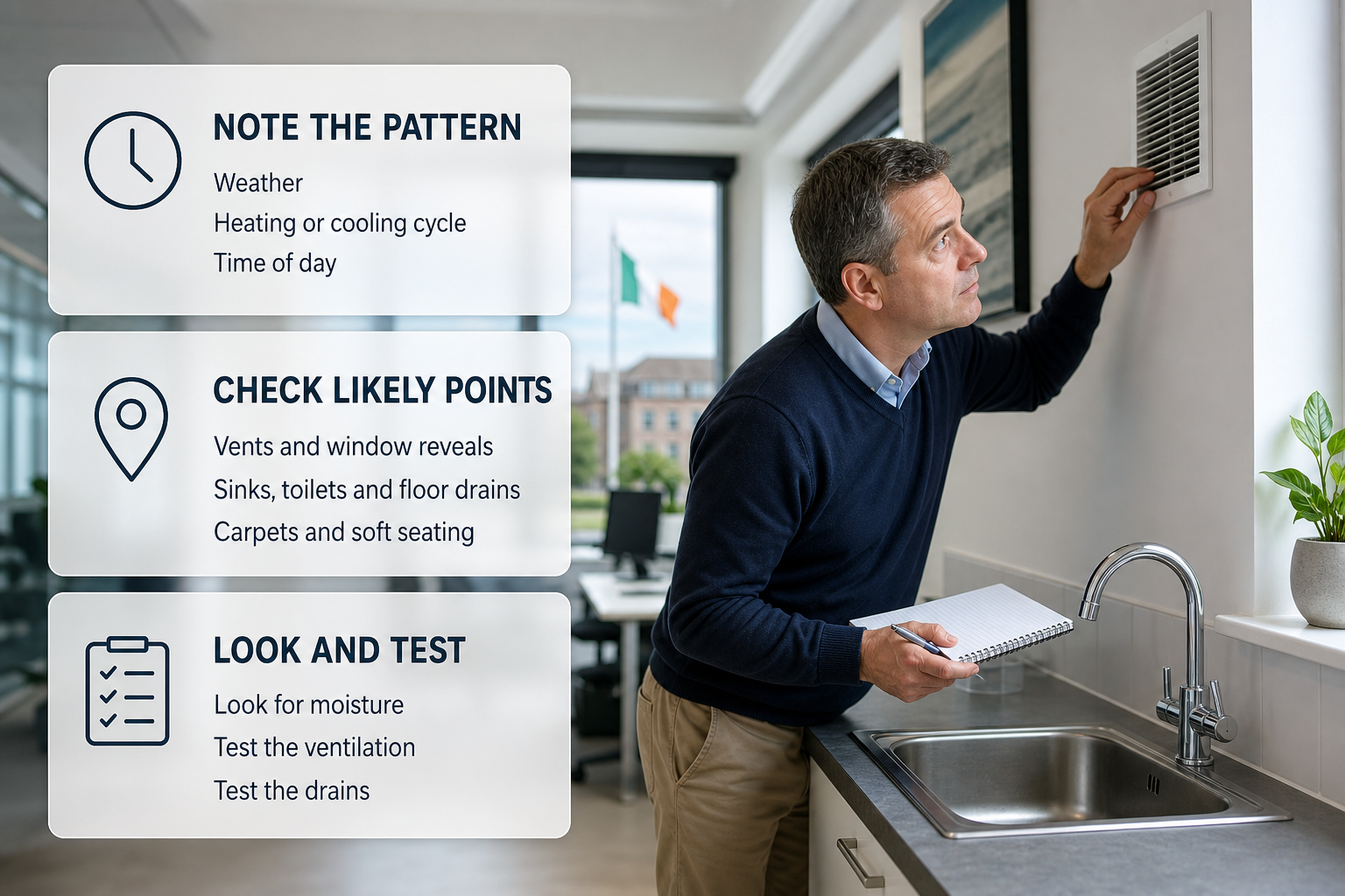 Infographic showing the first checks to trace a musty office smell before calling a specialist.