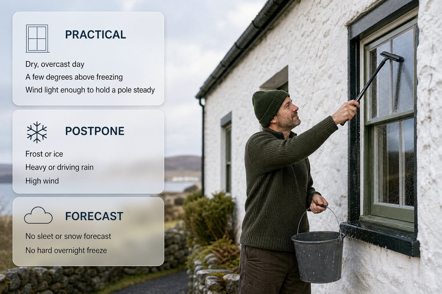 An Irish winter window-cleaning scene with cards showing safe conditions and weather that means the job should be postponed.