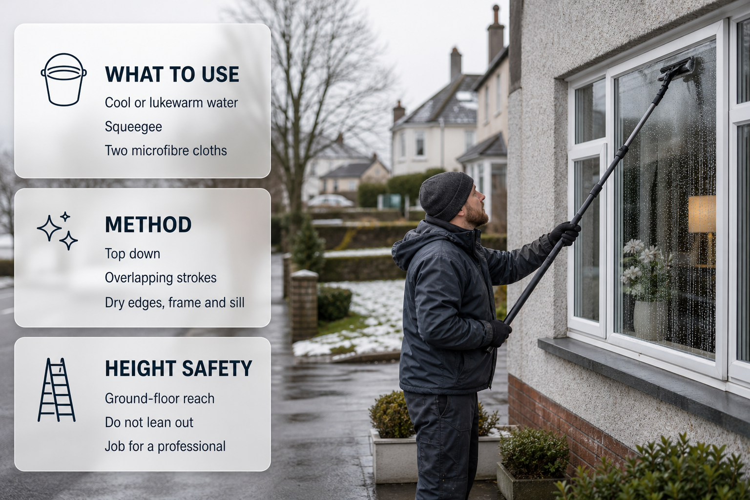 A winter window-cleaning setup at an Irish home with cards showing the tools, method and ladder safety points.