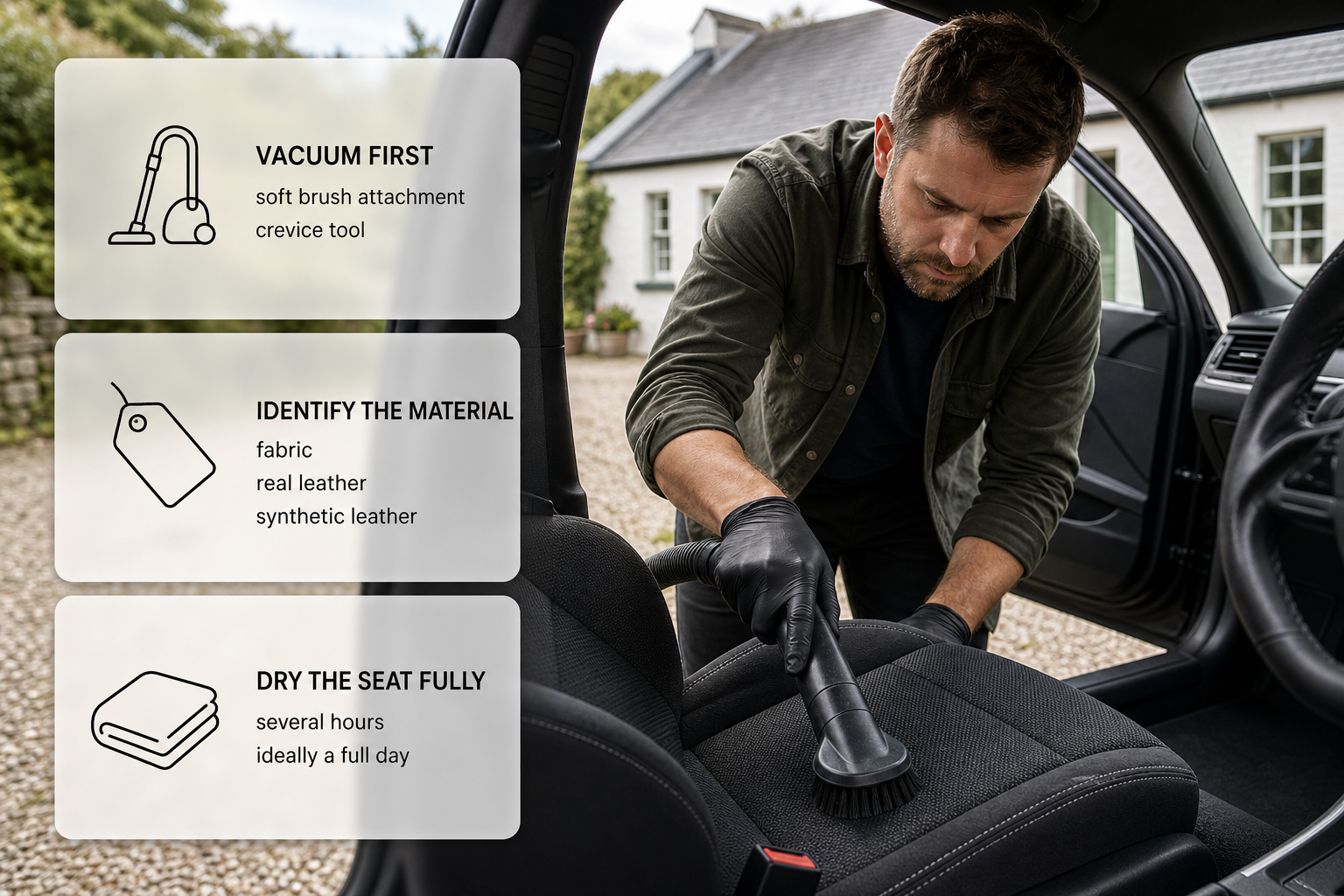 Infographic showing the step-by-step process for cleaning car seats safely beside a car in an Irish home setting.