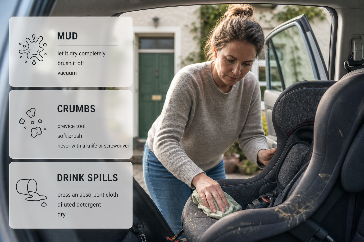 Infographic showing common car seat spill types and the right way to tackle them inside a family car in Ireland.