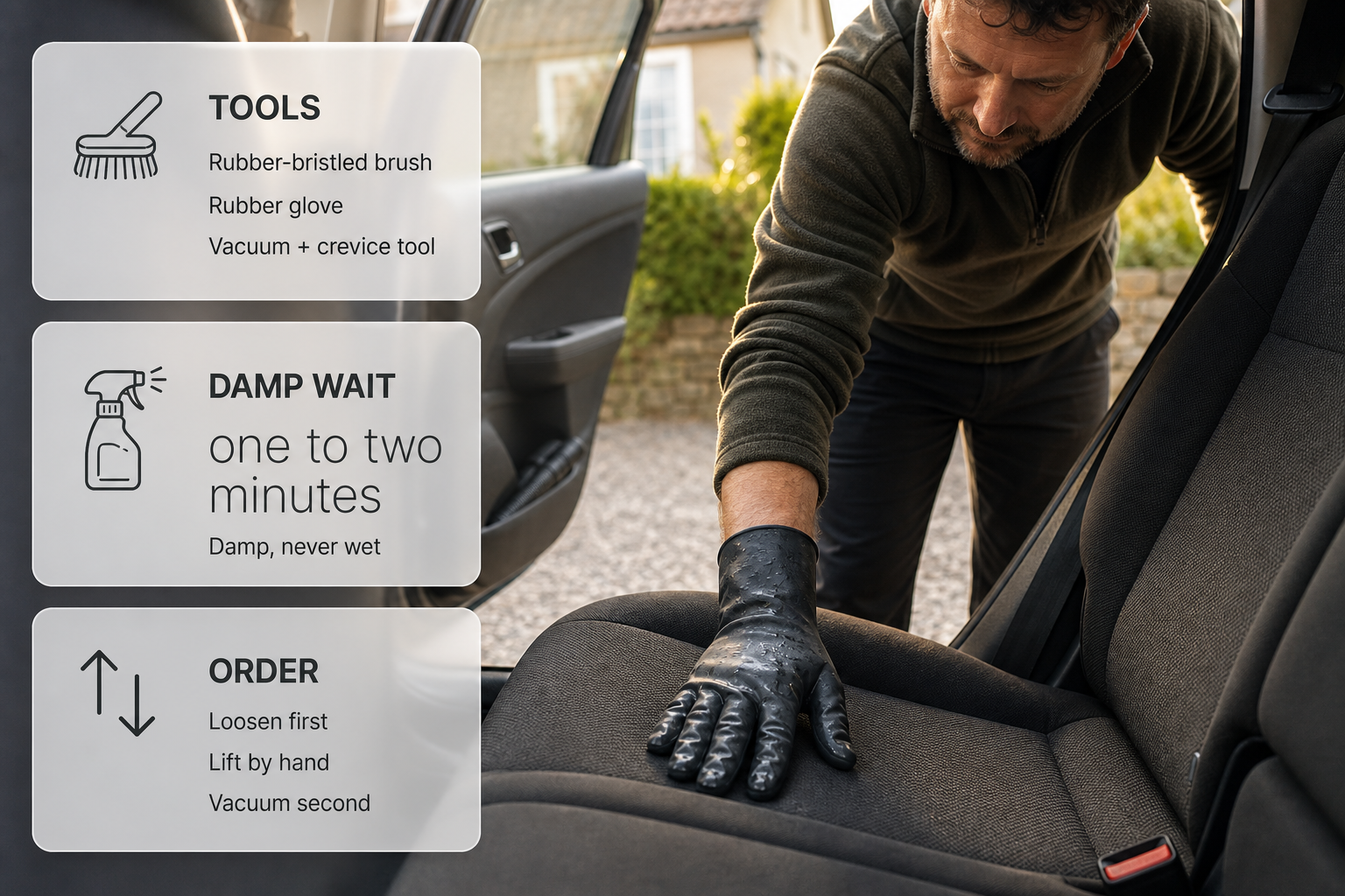 Infographic showing the basic order for removing dog hair from car seats with simple tools and the one to two minute damp-wait step.