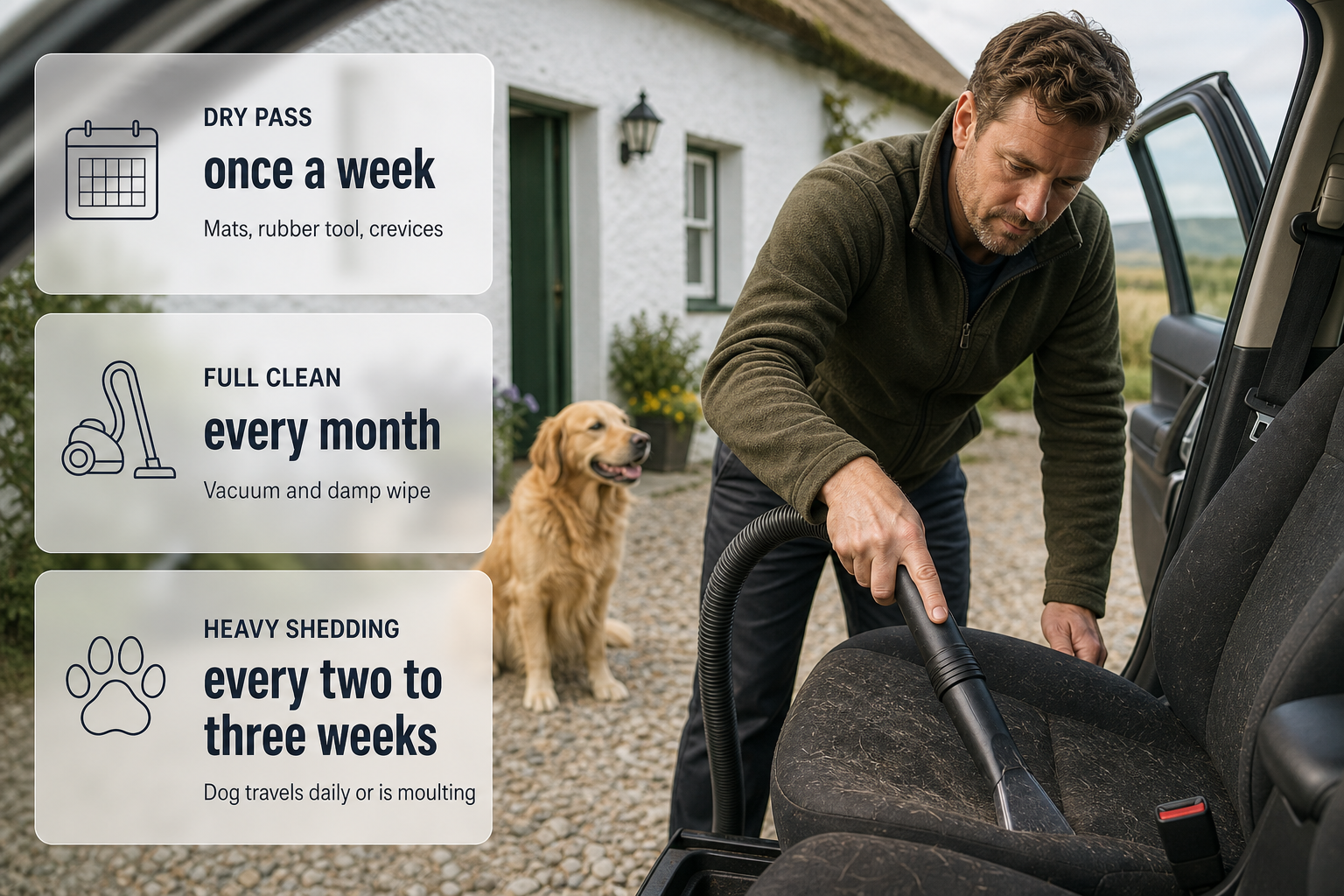 Infographic showing how often to remove dog hair from car seats and the key follow-up steps to reduce allergy triggers.