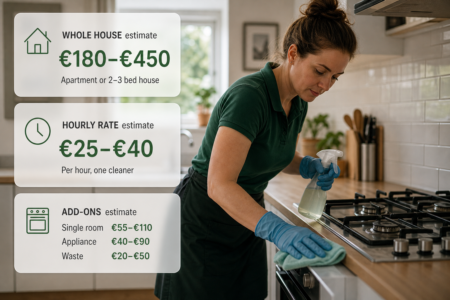Infographic over an Irish home cleaning scene showing typical deep cleaning price ranges in Ireland.