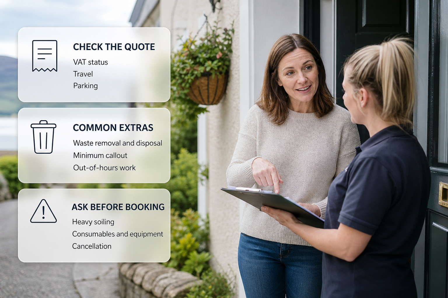 Infographic over a home cleaning visit in Ireland showing the extra charges to check before booking.