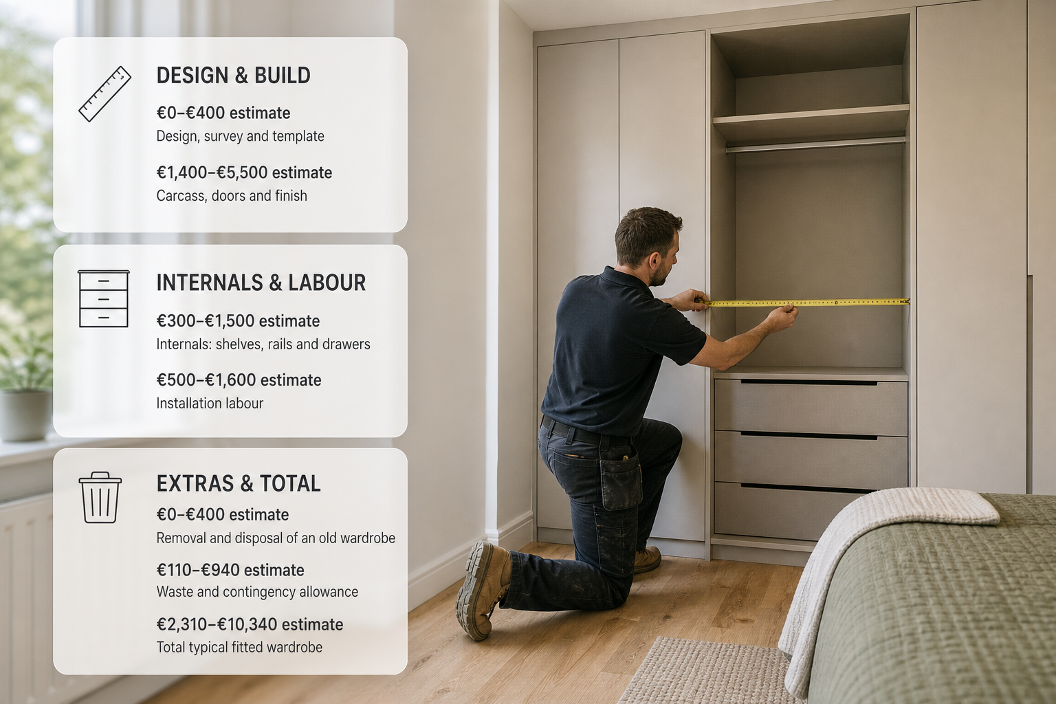 Infographic showing the main line items included in a fitted wardrobe quote beside a fitted wardrobe installation scene in an Irish home.